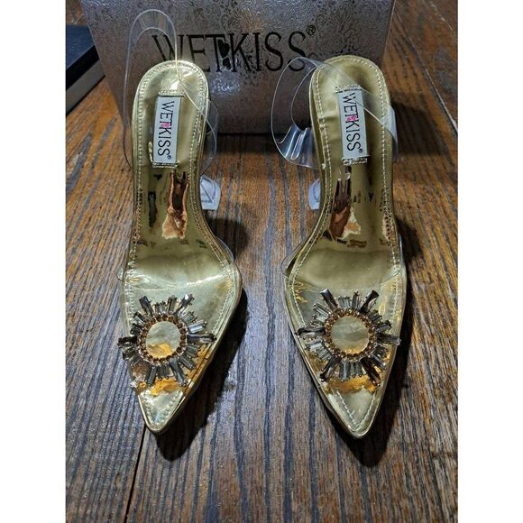 New Sz 7 Wet Kiss Clear High Heel Slingback Rhinestone Gold Sunflower Dress Shoe - Picture 9 of 12